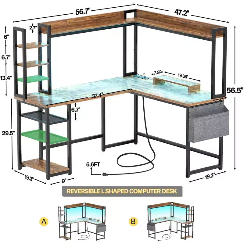 Corner Computer Desk with Hutch and LED Lights