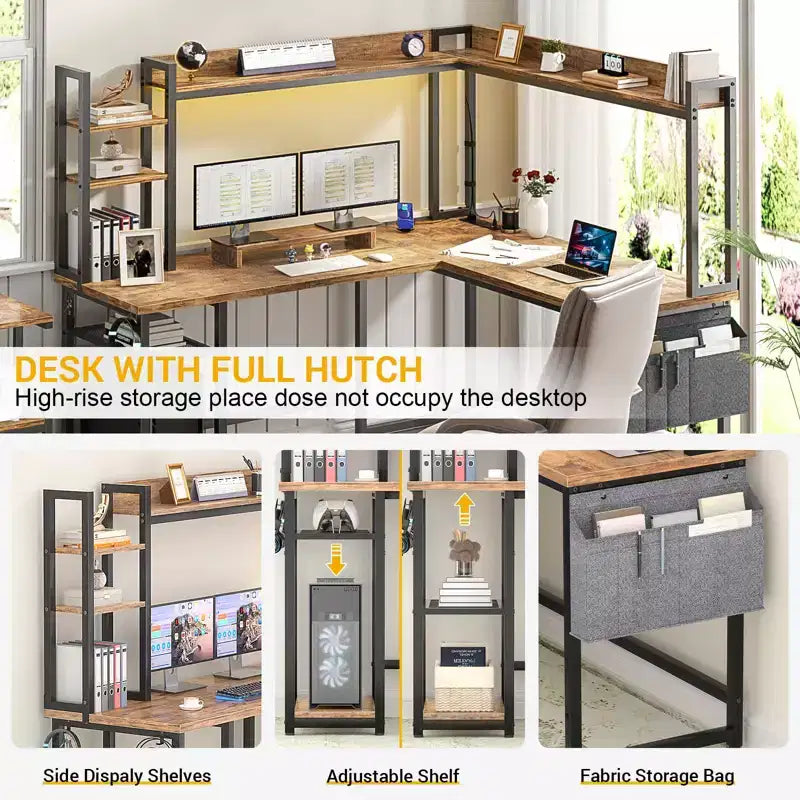 Corner Computer Desk with Hutch and LED Lights