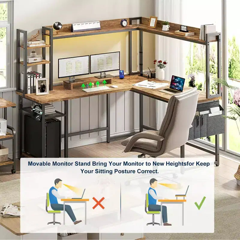 Corner Computer Desk with Hutch and LED Lights