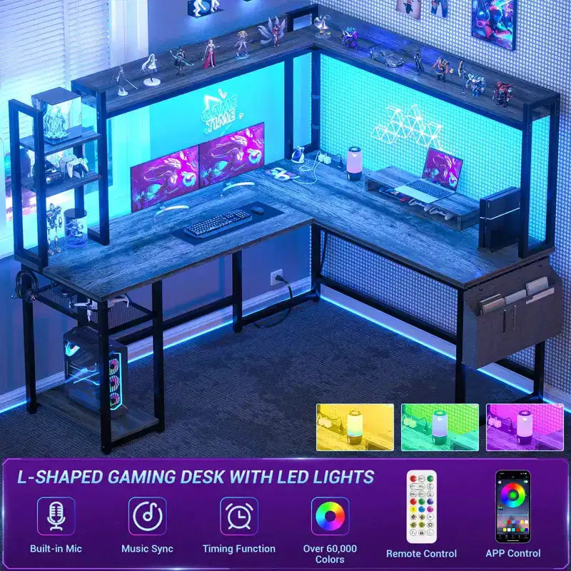 Corner Computer Desk with Hutch and LED Lights
