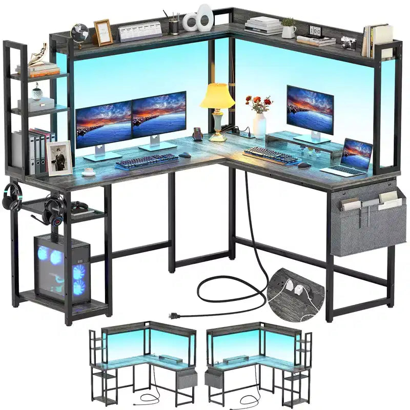 Corner Computer Desk with Hutch and LED Lights