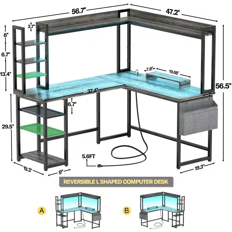 Corner Computer Desk with Hutch and LED Lights