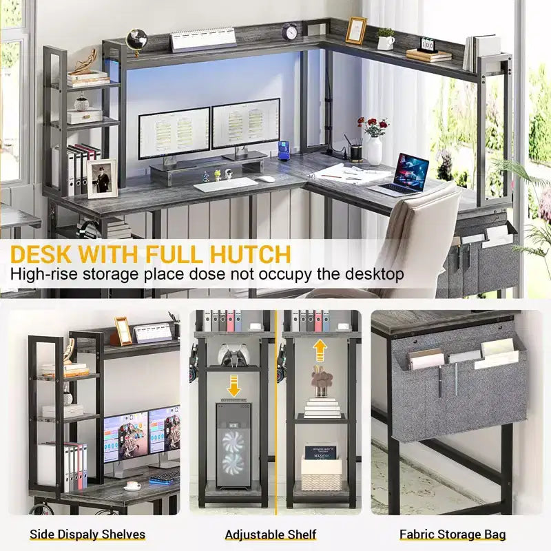 Corner Computer Desk with Hutch and LED Lights
