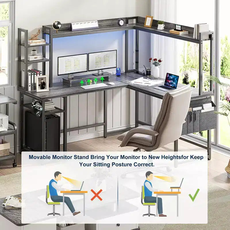 Corner Computer Desk with Hutch and LED Lights