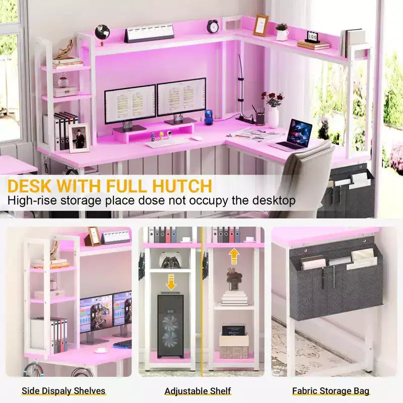 Corner Computer Desk with Hutch and LED Lights