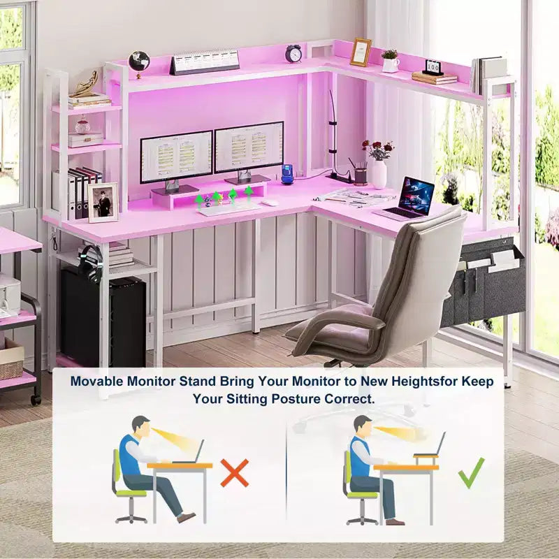 Corner Computer Desk with Hutch and LED Lights