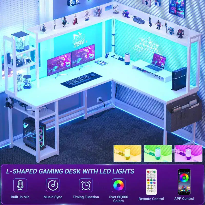 Corner Computer Desk with Hutch and LED Lights