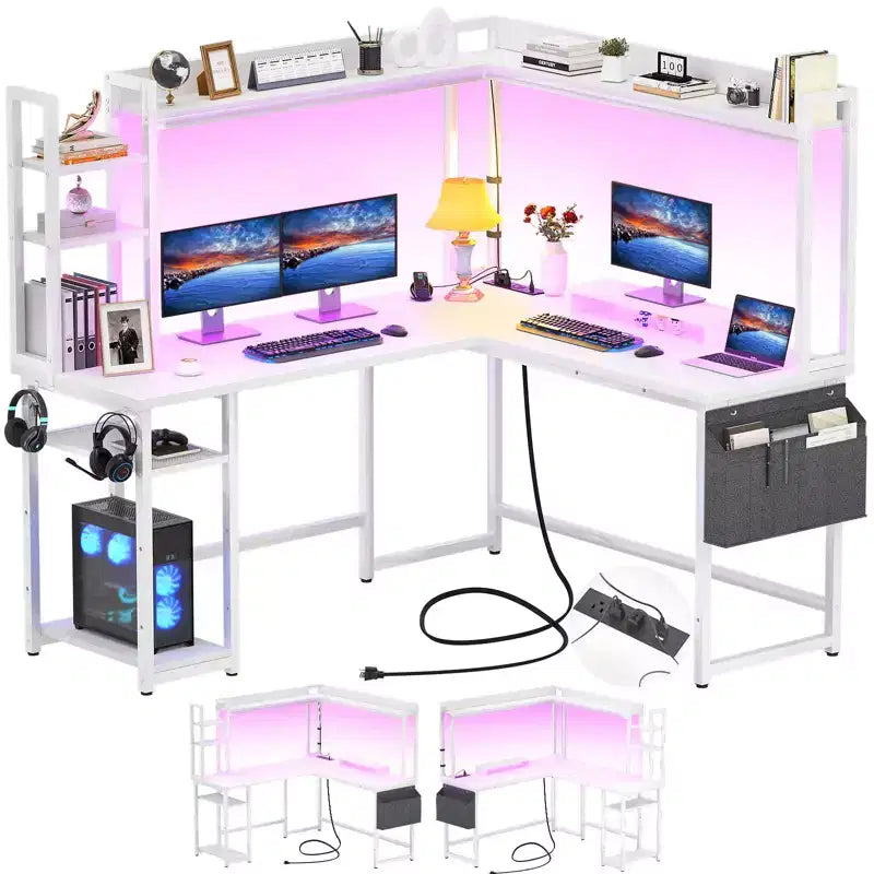 Corner Computer Desk with Hutch and LED Lights