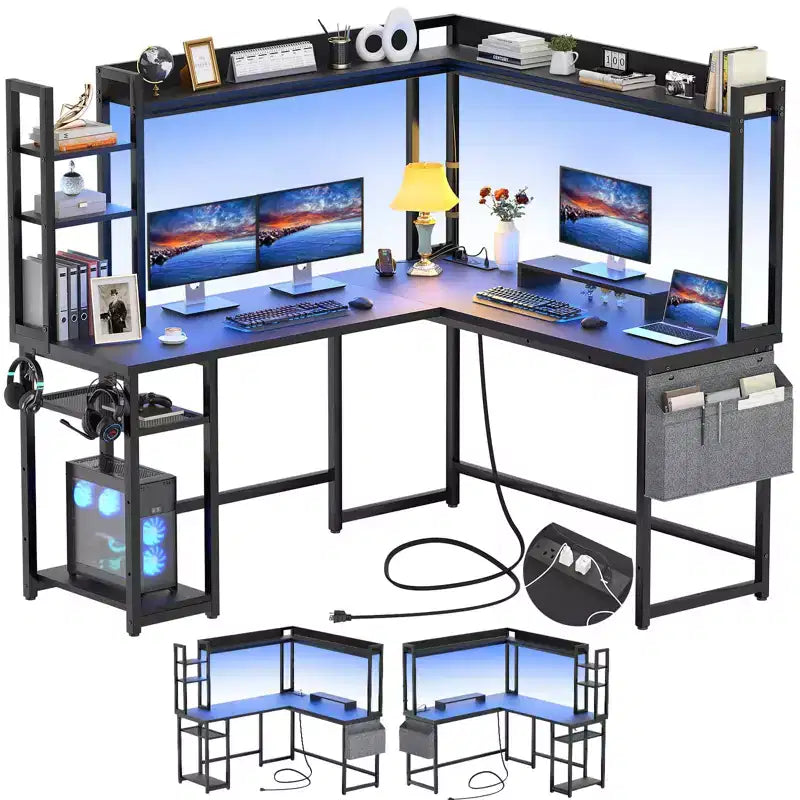 Corner Computer Desk with Hutch and LED Lights