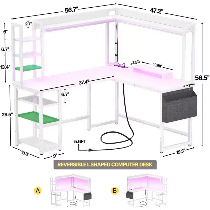 Corner Computer Desk with Hutch and LED Lights