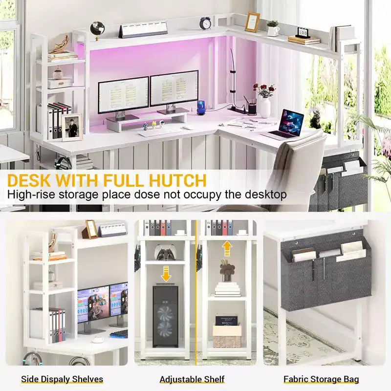 Corner Computer Desk with Hutch and LED Lights
