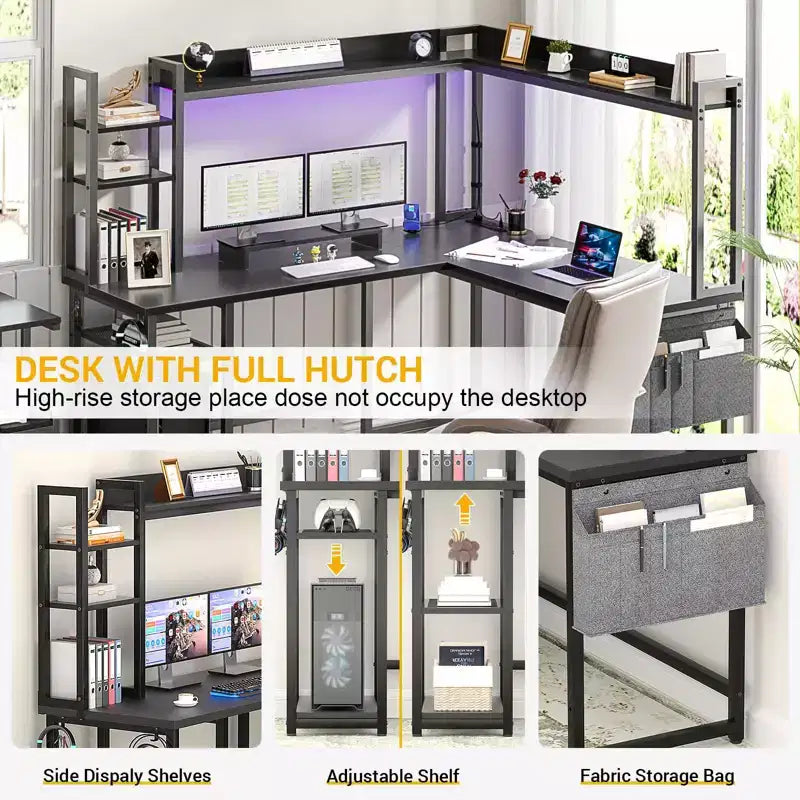 Corner Computer Desk with Hutch and LED Lights
