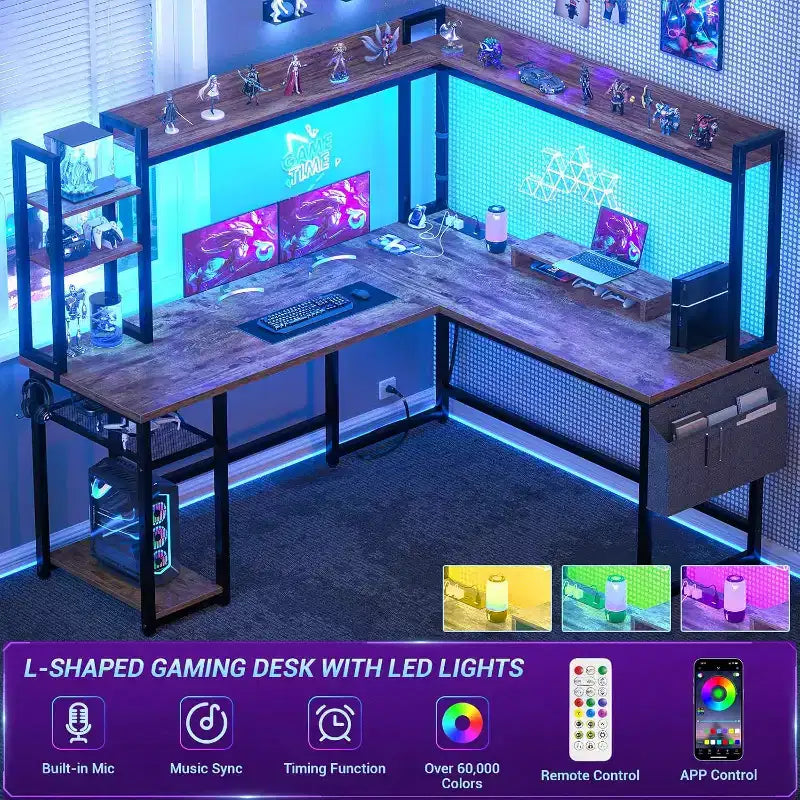 Corner Computer Desk with Hutch and LED Lights