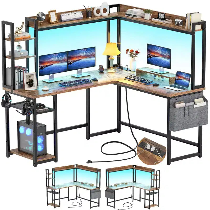 Corner Computer Desk with Hutch and LED Lights