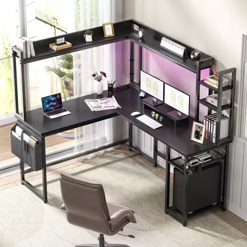 Besiost Corner Computer Desk with Hutch and Led Lights, L-Shaped Desk with Power Outlet