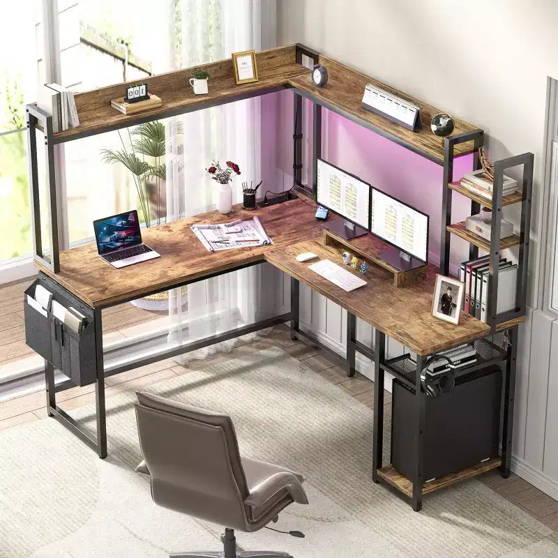 Corner Computer Desk with Hutch and LED Lights
