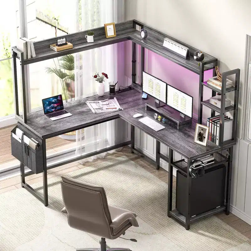 Corner Computer Desk with Hutch and LED Lights