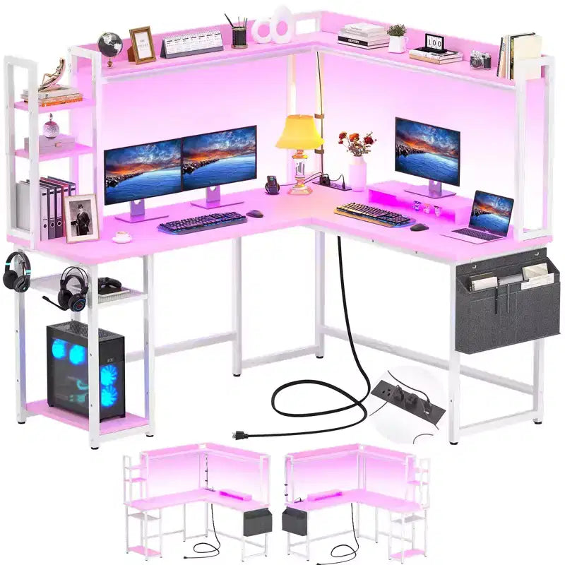 Corner Computer Desk with Hutch and LED Lights