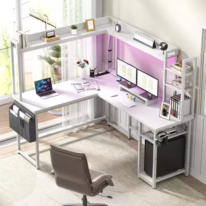 Corner Computer Desk with Hutch and LED Lights