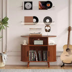 Mid Century Modern Record Stand, Fluted Turntable Cabinet with Charging Station and Display Shelf for Living Room