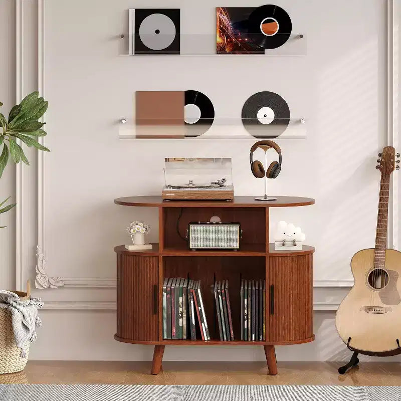 Mid Century Modern Record Stand, Fluted Turntable Cabinet with Charging Station and Display Shelf for Living Room