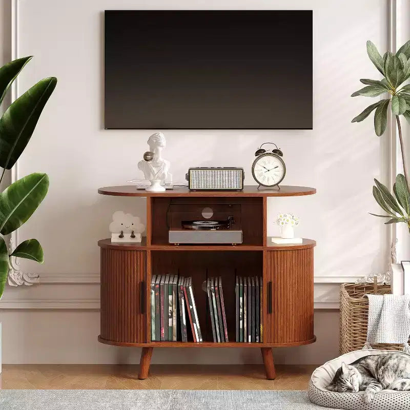 Mid Century Modern Record Stand, Fluted Turntable Cabinet with Charging Station and Display Shelf for Living Room