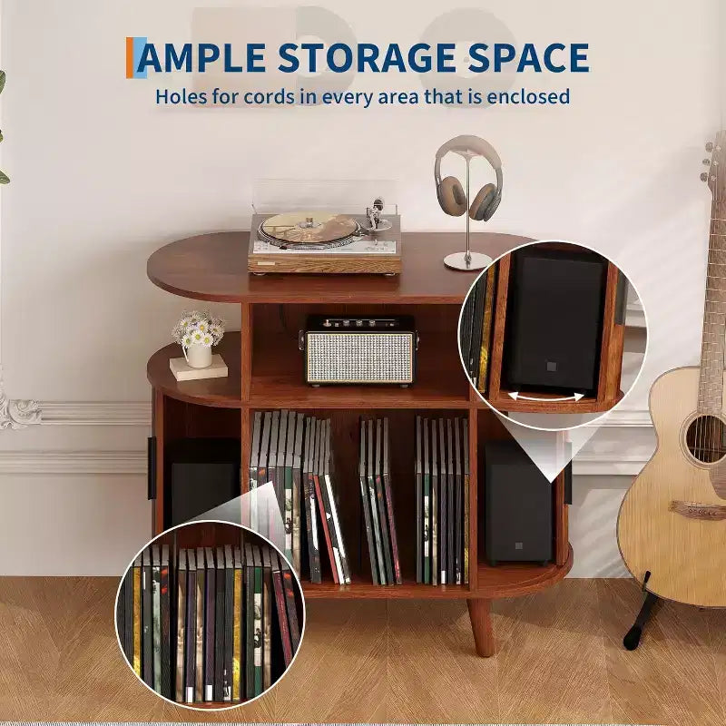 Mid Century Modern Record Stand, Fluted Turntable Cabinet with Charging Station and Display Shelf for Living Room