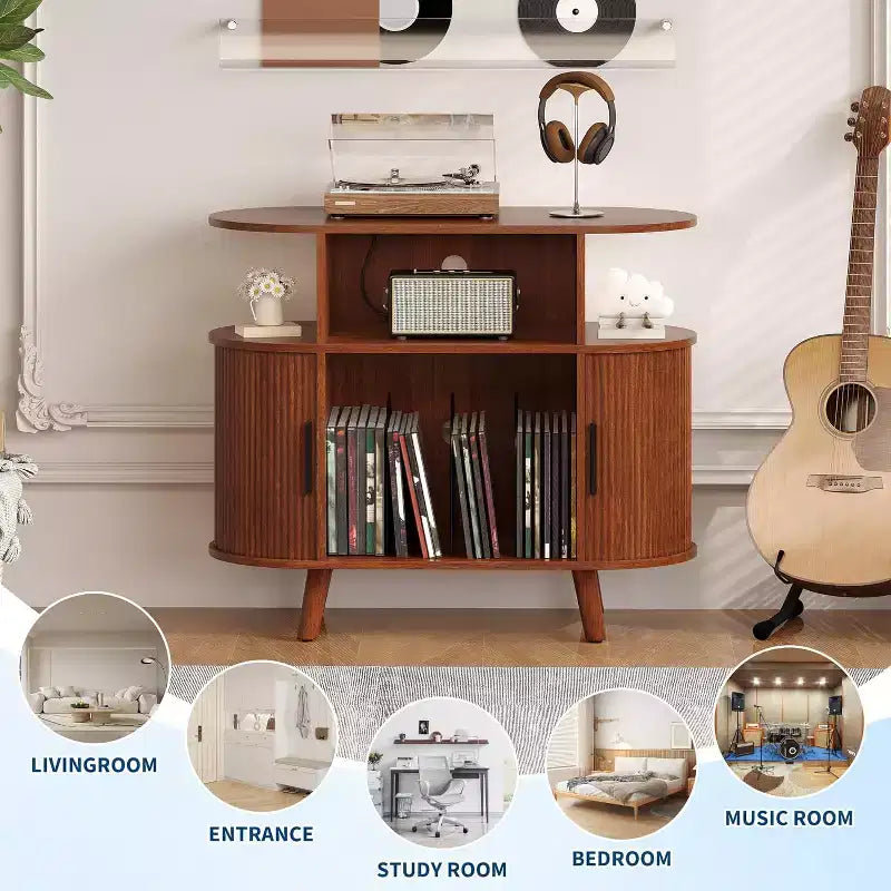 Mid Century Modern Record Stand, Fluted Turntable Cabinet with Charging Station and Display Shelf for Living Room