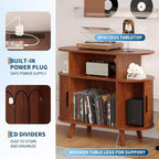 Mid Century Modern Record Stand, Fluted Turntable Cabinet with Charging Station and Display Shelf for Living Room
