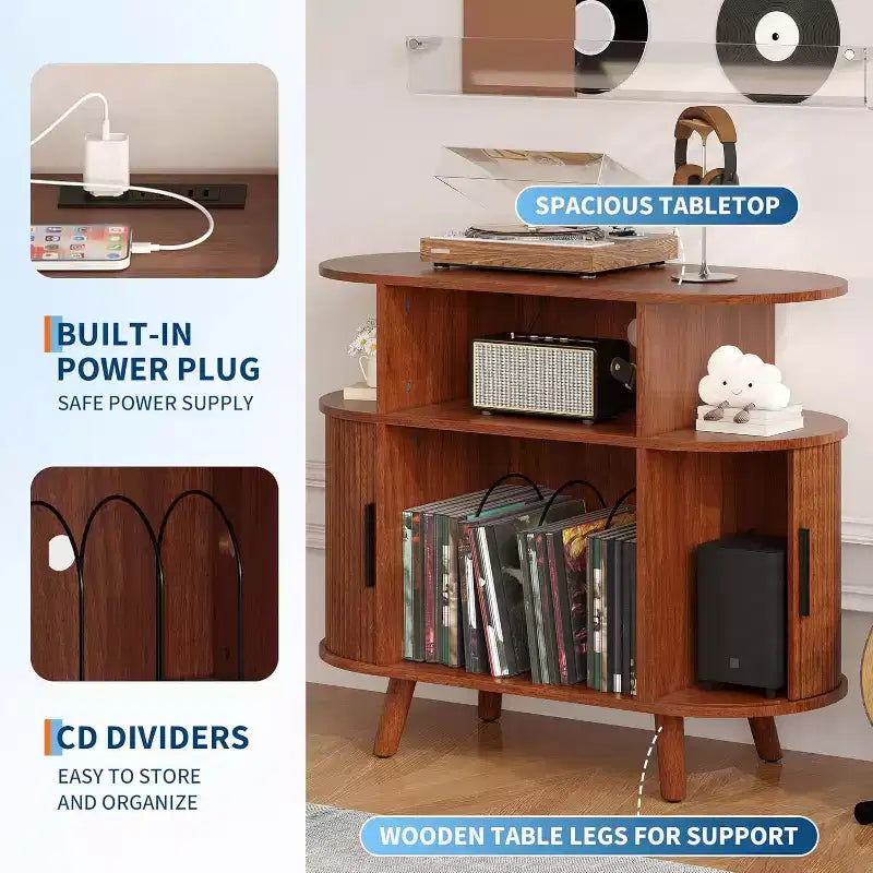 Mid Century Modern Record Stand, Fluted Turntable Cabinet with Charging Station and Display Shelf for Living Room