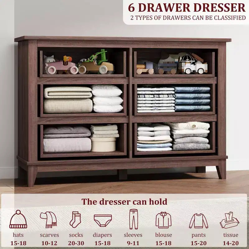 6-Drawer Double Dresser for Bedroom,Traditional Furniture, Wide Chest Storage