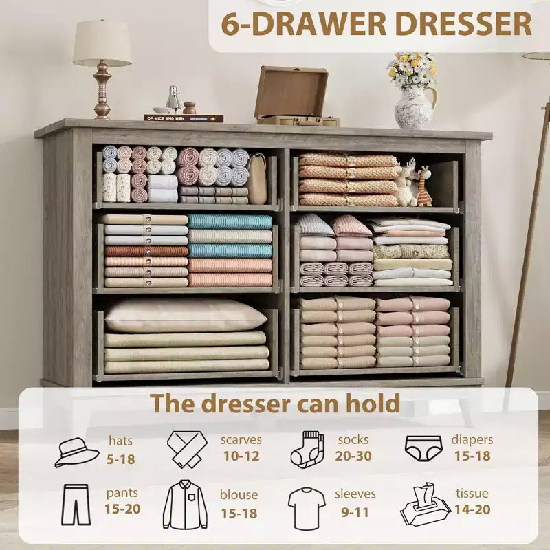 6-Drawer Double Dresser for Bedroom,Traditional Furniture, Wide Chest Storage