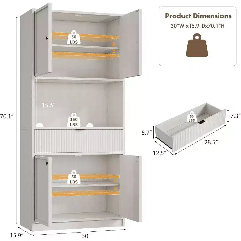 Kitchen Pantry Cabinet, 70 in Tall Pantry Storage Cabinet with Countertop, Doors and Drawer, Freestanding Cupboard for Dining Room, Living Room