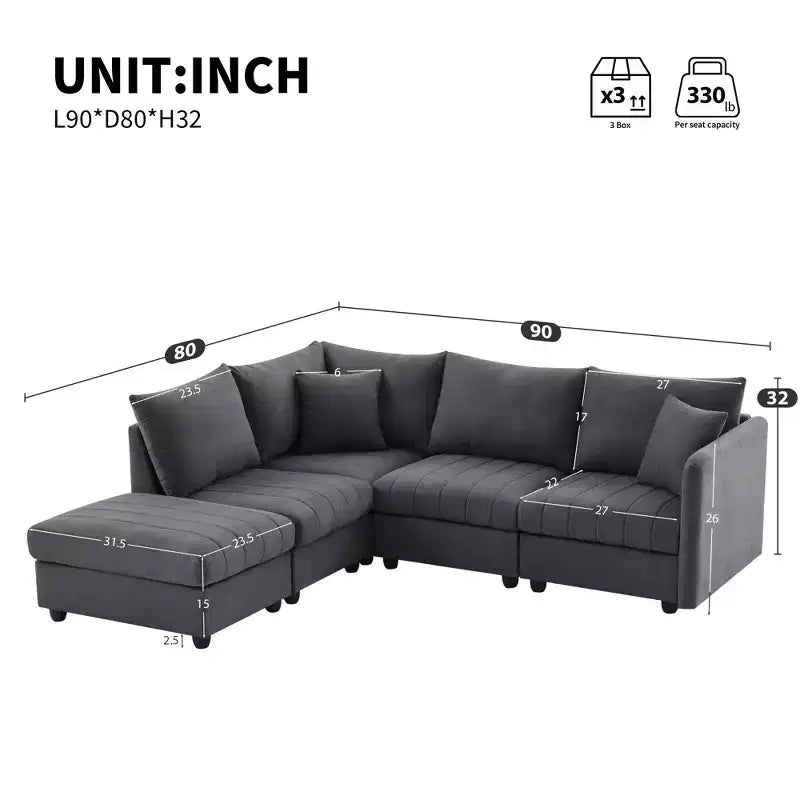 90x80 Modern L-Shaped 5-Seater Sectional Sofa