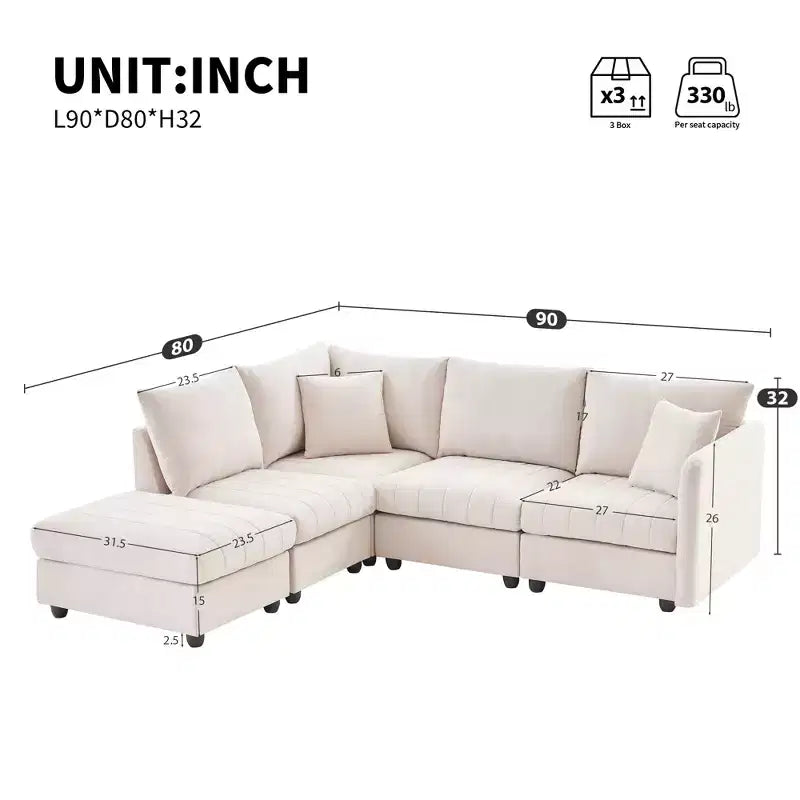 90x80 Modern L-Shaped 5-Seater Sectional Sofa