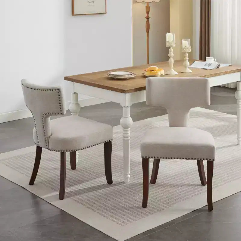 MAYEERTY Mid-Century Modern Dining Chairs - Farmhouse Linen, Curved Back, Copper Nails, Hardwood Frame, Set of 2