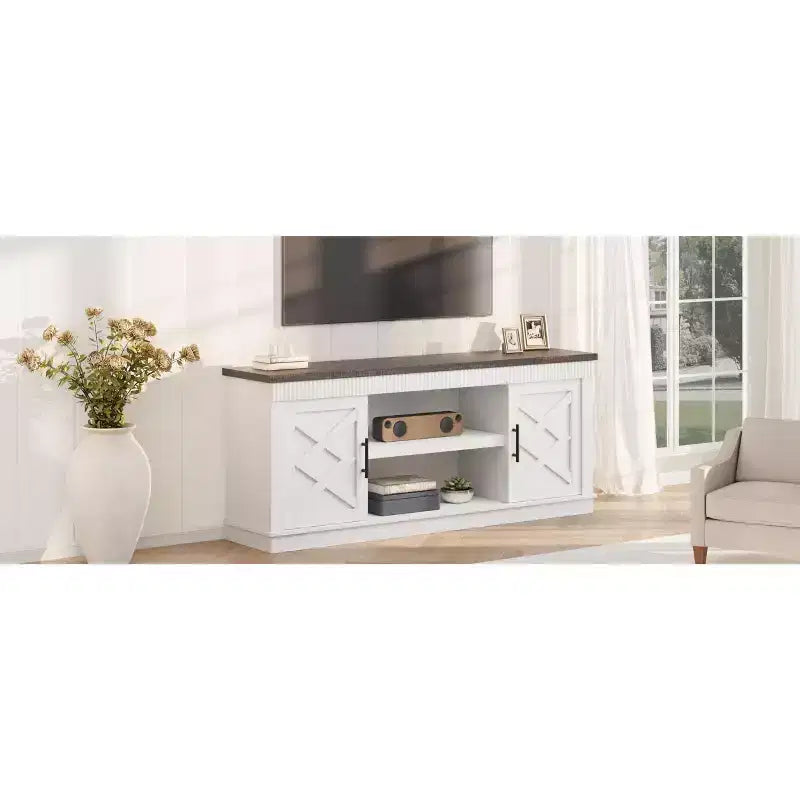 Rustic TV Stand, a simple grooved entertainment center with two doors and open shelves, suitable as a side table for living rooms and bedrooms.