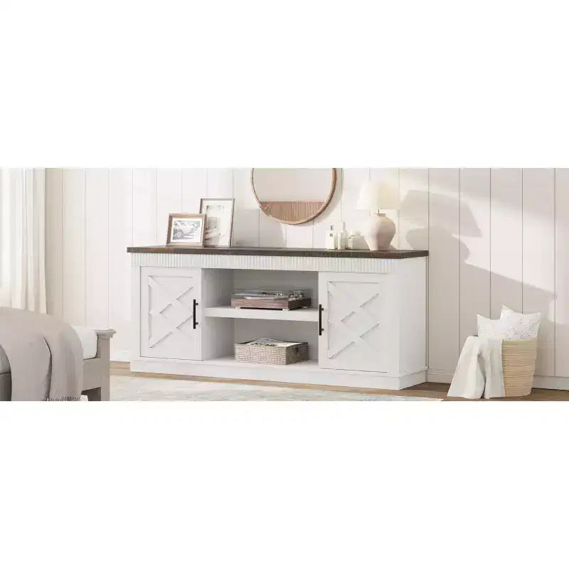 Rustic TV Stand, a simple grooved entertainment center with two doors and open shelves, suitable as a side table for living rooms and bedrooms.