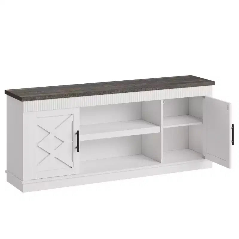 Rustic TV Stand, a simple grooved entertainment center with two doors and open shelves, suitable as a side table for living rooms and bedrooms.