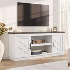 Rustic TV Stand, a simple grooved entertainment center with two doors and open shelves, suitable as a side table for living rooms and bedrooms.