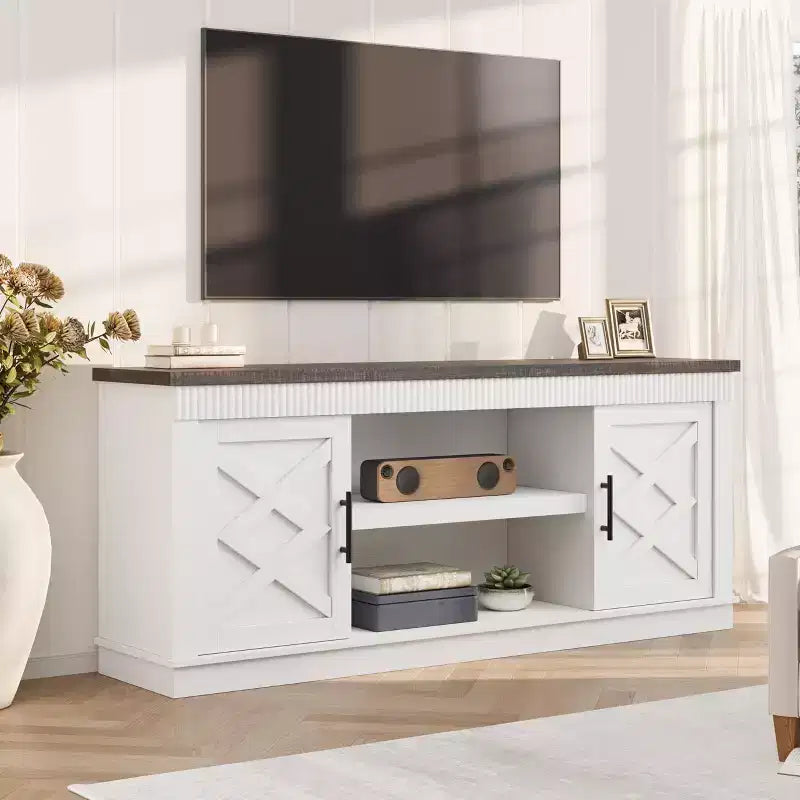 Rustic TV Stand, a simple grooved entertainment center with two doors and open shelves, suitable as a side table for living rooms and bedrooms.