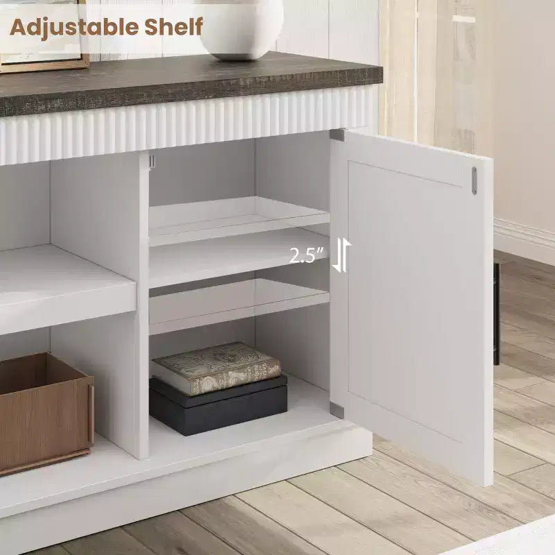 Rustic TV Stand, a simple grooved entertainment center with two doors and open shelves, suitable as a side table for living rooms and bedrooms.