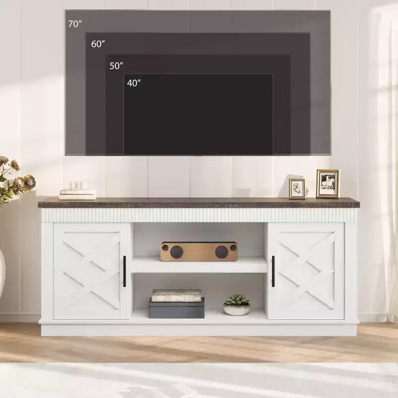 Rustic TV Stand, a simple grooved entertainment center with two doors and open shelves, suitable as a side table for living rooms and bedrooms.