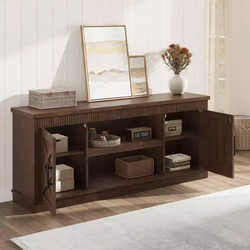 Rustic TV Stand, a simple grooved entertainment center with two doors and open shelves, suitable as a side table for living rooms and bedrooms.