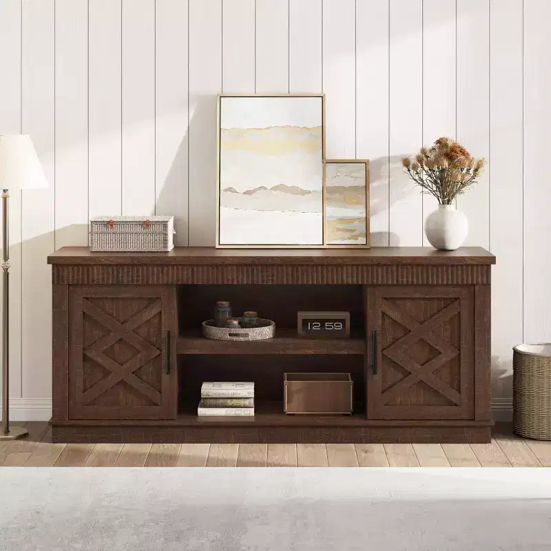 Rustic TV Stand, a simple grooved entertainment center with two doors and open shelves, suitable as a side table for living rooms and bedrooms.