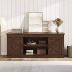 Rustic TV Stand, a simple grooved entertainment center with two doors and open shelves, suitable as a side table for living rooms and bedrooms.