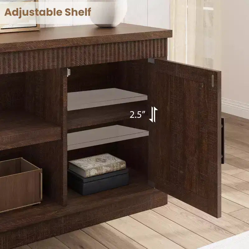 Rustic TV Stand, a simple grooved entertainment center with two doors and open shelves, suitable as a side table for living rooms and bedrooms.