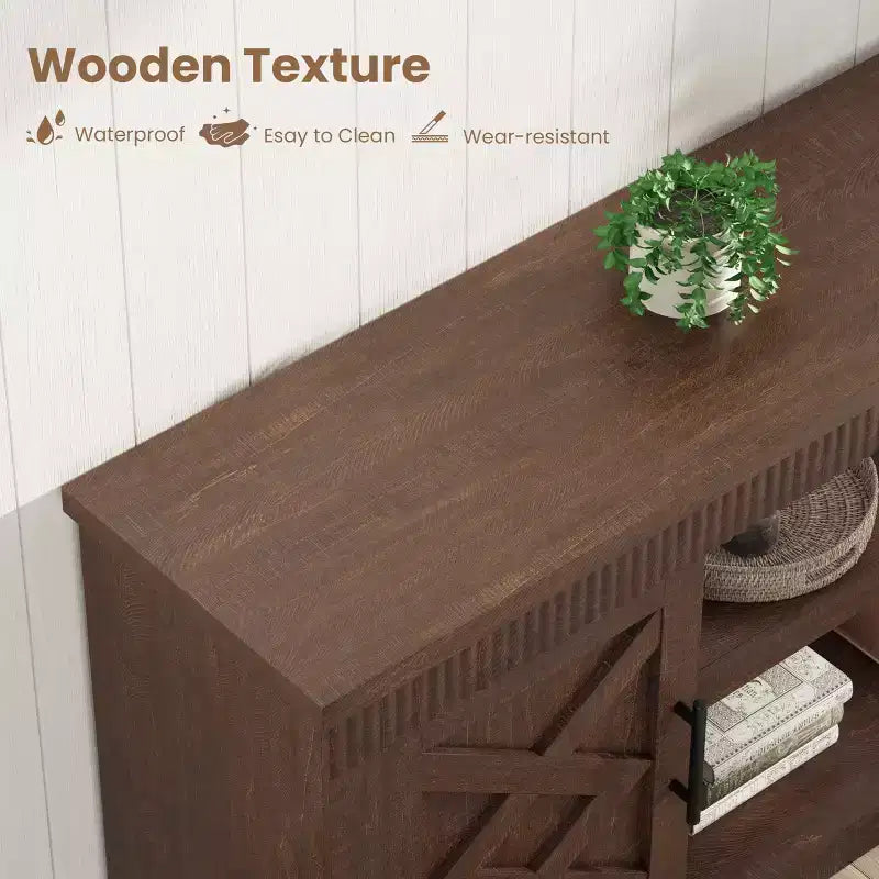 Rustic TV Stand, a simple grooved entertainment center with two doors and open shelves, suitable as a side table for living rooms and bedrooms.