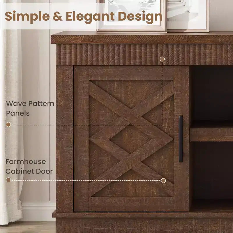 Rustic TV Stand, a simple grooved entertainment center with two doors and open shelves, suitable as a side table for living rooms and bedrooms.