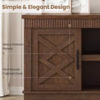 Rustic TV Stand, a simple grooved entertainment center with two doors and open shelves, suitable as a side table for living rooms and bedrooms.